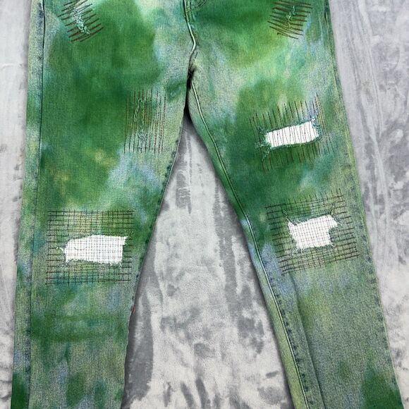 Sync Denim Jeans Mens Size 34 Green Tie Dye Distressed Skinny Jeans - Picture 9 of 16
